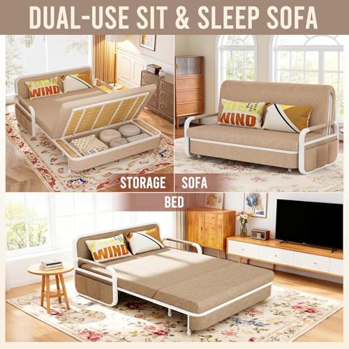 62" Pull Out Sofa Bed, 3 in 1 Convertible Sleeper Sofa, Full Size Loveseat Couch Bed with Storage, Trundle and 2 Pillows for Living Room, Bedroom, Dorm, RV,Office (Saddle Tan 809) - size: 62"- Full Size