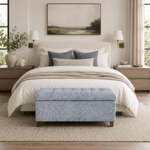 HomePop Ainsley 40" Storage Ottoman Bench - Blue Gray Woven Fabric - color: Blue Gray Woven Fabric