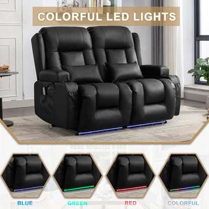 URRED Power Loveseat Recliner Sofa with Massage and Heat, Wall Hugger Reclining Loveseat, RV Couch Home Theater Seating with LED Lights for Living Room (Black, 54" - 2 Seats) - color: Black, size: 54" - 2 Seats