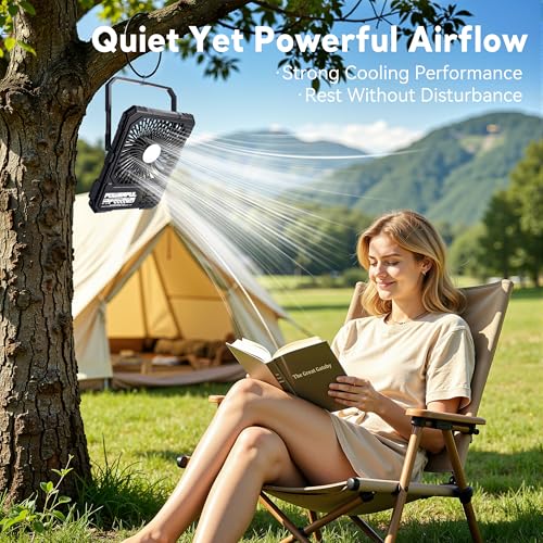Portable Fan, Camping Fan, 20000mAh 6-Inch 18-85H Rechargeable Ultra Thin Foldable with Built-in Power Bank, LED Light, Remote Control, Hook for Outdoor Camping Tent RV Travel (Khaki) - color: Khaki