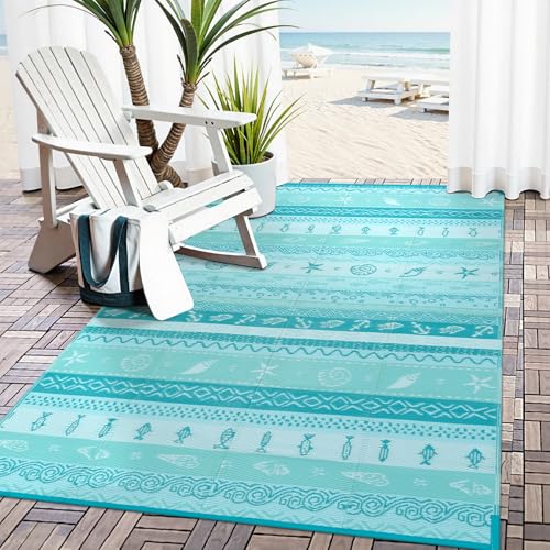 Uphome Coastal Outdoor Rug Waterproof 6x9, Reversible Ocean Beach Theme Striped Patio Plastic Straw Rugs, Tribal RV Camping Outside Carpet Mat for Pool Back Yard Deck Picnic, 6 x 9 ft - color: Geometry Blue, size: 6' x 9' (Rectangular)
