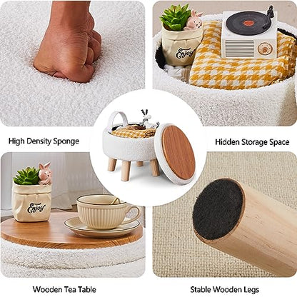 Wimarsbon Storage Ottoman, Modern Round Footrest with Soft Padded Seat, Teddy Velvet Footstool with Wood Legs, Accent Small Table or Plant Stand for Hallway, Living Room (Cream) - color: Cream