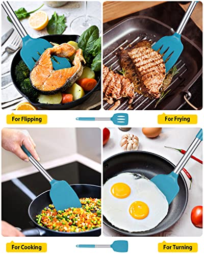 Pack of 2 Silicone Solid Turner, Non Stick Slotted Kitchen Spatulas, High Heat Resistant BPA Free Cooking Utensils, Ideal Cookware for Fish, Eggs, Pancakes(Blue) - color: Blue