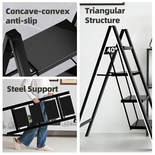 HillhutApex 4 Step Ladder, Lightweight Foldable 4 Step Stool with Anti-Slip Wide Pedal, 330lbs Capacity Aluminum Ladder for Household,Office,Garage(Black) - color: Black, size: 4 Step
