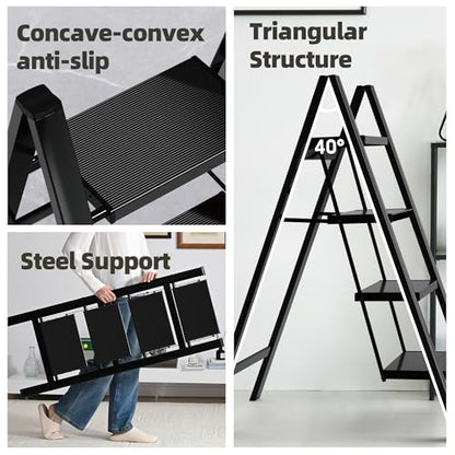 HillhutApex 4 Step Ladder, Lightweight Foldable 4 Step Stool with Anti-Slip Wide Pedal, 330lbs Capacity Aluminum Ladder for Household,Office,Garage(Black) - color: Black, size: 4 Step