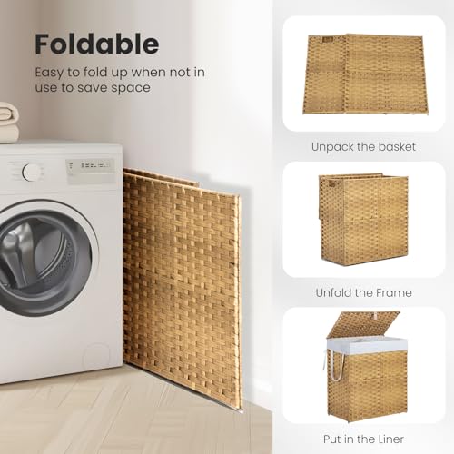 DUMOS Wicker Laundry Basket with Lid, 110L Woven Laundry Hamper with Handles, Foldable Rattan Clothes Hamper with Removable Liner & Sturdy Steel Frame, Goose Yellow - color: Goose Yellow, size: 110L