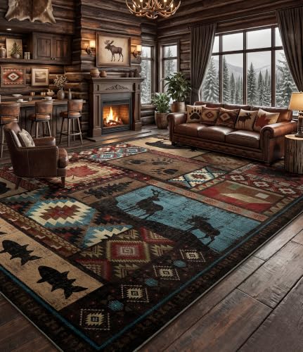 YIHOUSE Rustic Cabin Rugs for Living Room 10x14, Wildlife Bear & Deer Area Rug, Washable Southwestern Lodge Large Area Rug - color: Brown, size: 10' x 14' (Rectangular)