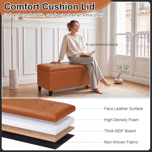 Asense Storage Ottoman Bench, 33" Faux Leather Upholstered End of Bed Bench with Safety Hinge,Wooden Legs,for Entryway Bedroom Living Room - color: 33" Brown Faux Leather