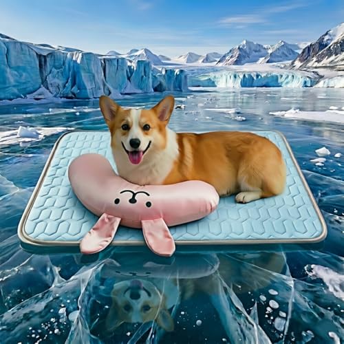 [36" x 28"] Dog Cooling Mat with Detachable Bunny Pillow, Ice Silk Pet Cooling Pad for Medium Large Dogs, Washable & Portable Dog Bed for Summer, Blue. - size: XL