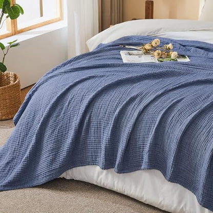 EMME Cotton Muslin Large Throw Blanket Couch Breathable Gauze Soft Lightweight Bed Blankets Adults (Heather Navy, 50"x70") - color: 02 - Navy, size: Large Throw (50" X 70")