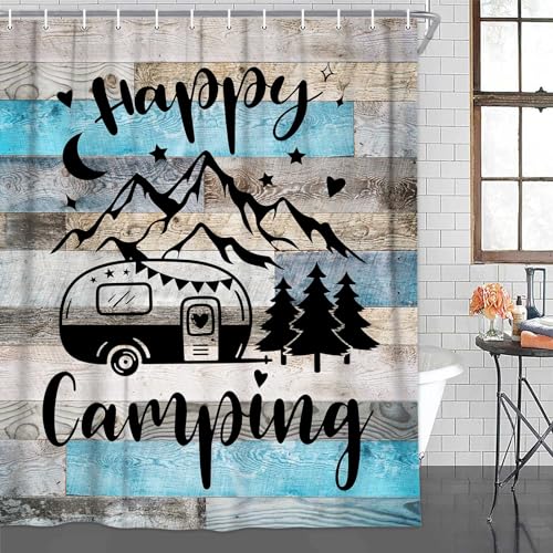 RV Shower Curtain for Bathroom, Happy Camping Shower Curtain Blue Gray Barn Door Bathroom Curtains, Rustic Wood Bath Curtain Decor Waterproof Travel Camping Shower Curtain Set with 12 Hooks 70X90 Inch - size: 70"W x 90"L (Pack of 1)