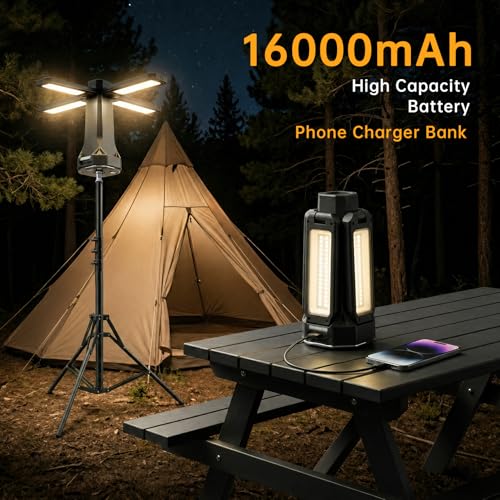 16000mAh Telescopic Camping Light, Rechargeable LED Lantern with Tripod Stand, Portable Flashlight & Power Bank, 300° Rotatable Dimmable Tent Light, Magnetic Base & SOS for Hiking, Fishing, Camping