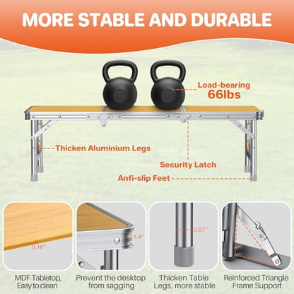 FUNYKICH 3ft Low Folding Camping Table with Carry Bag, 34.2'' Lx15.7'' W Portable Picnic Tables, Lightweight Thicker Aluminum Beach Table with Carry Handle for Beach, Camping, Picnic, Yellow - color: Yellow