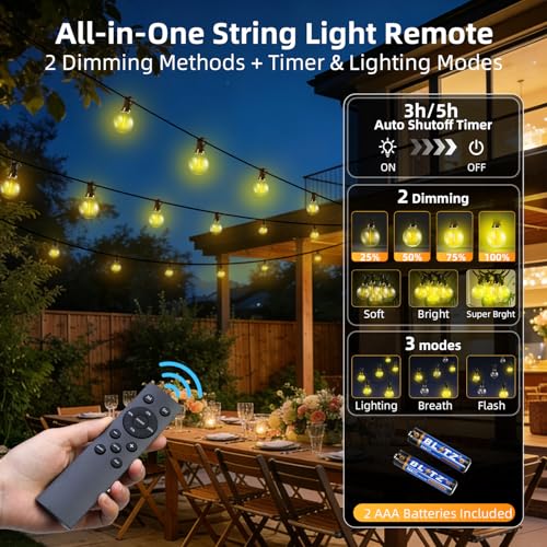 200FT Solar Lights Outdoor Waterproof: G40 60M Shatterproof Bulbs Patio Lights - Solar Powered Remote Control 3 Light Modes Dimmable Solar Light - Camping Backyard Garden Deck Outside Yard - size: 200FT-Remote