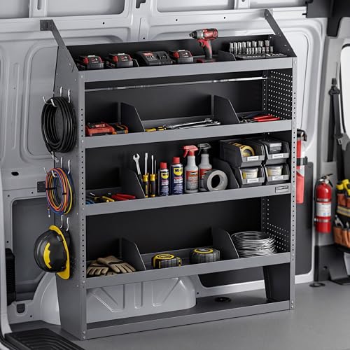 Cargo Van Shelving System 51" L x 13" W x 59.5" H, Sturdy Steel Van Storage Shelves for Ford Transit, NV200, Chevy City Express, RAM Promaster City, Cargo Van Organizer Racks,Equipped with 10 hooks. - size: 51.18" L x 13" W x 59.45" H