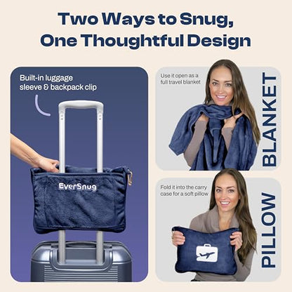 EverSnug Travel Blanket and Pillow - Premium Soft 2 in 1 Airplane Blanket with Soft Bag Pillowcase, Hand Luggage Sleeve and Backpack Clip (Navy Blue) - color: Navy Blue