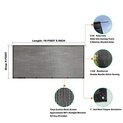 Shadeidea RV Awning Sun Shade Screen for Rv Awning - 9' X 19' 5'' (fit for 20' Awning) Black Mesh Sunshade Motorhome Camping Trailer Screen Shade UV Sunblocker Canopy Sunscreen - 3 Year Warranty - size: 9' 0'' x 19' 5'' -Actual Measurement