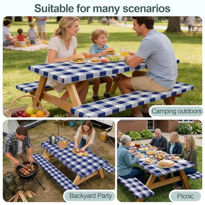 Play Tailor Picnic Table Cover with Bench Covers Camping Essentials Waterproof Windproof Camping Tablecloth with Drawstring Bag, Fitted Rectangle Tables and Seats, 96in, Blue Checkered - color: Blue Checkered, size: 96in
