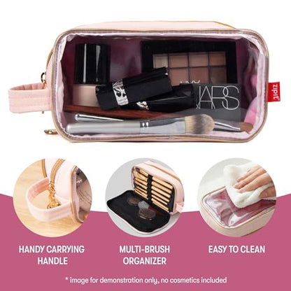 ZIPIT: Travel Makeup Bag - Soft Shell, Large Zipper Cosmetic Case, 3 Compartments, Toiletry Storage Organizer, Clear Window, Brush Slots - color: Pink