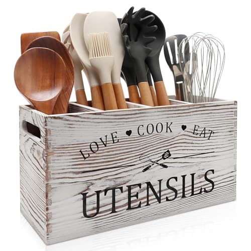 Rustic White Wooden Utensil Holder for Kitchen Counter Decor Extra Large Utensil Crock Organizer Silverware Caddy Farmhouse Wood Cutlery Holder Cooking Utensil Stand Storage kitchen Tools Holder - color: RustIc White