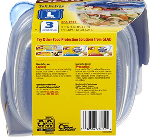 Glad GladWare Tall Entree Food Storage Containers with Lids, Large Square BPA Free Plastic for Meal Prep and Lunches, Lock Tight Seal, Microwave and Dishwasher Safe, 42 Oz, 3 Count - 6 Pack - size: 3 Count (Pack of 6), style: Square