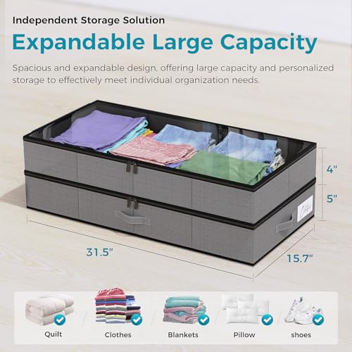 【4 compartments】2 Pack Under Bed Storage, Double Layer Extensible Underbed Storage Containers,Dust-free Clothes Storage Bins with Sturdy Sidewalls/Bottom,PVC Clear Window for Shoes Storage Organizer