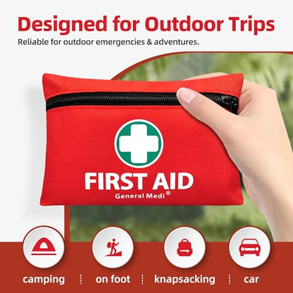 General Medi Mini First Aid Kit, 110 Piece Small First Aid Kit - Includes Emergency Foil Blanket, Scissors for Travel, Home, Office, Vehicle, Camping, Workplace & Outdoor (Red) - size: 110 Piece Set