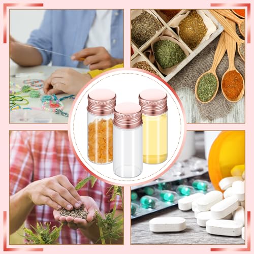 Didaey 100 Pcs Small Clear Vials Spice Mini Jars with Lids Mini Glass Bottles with Screw Aluminum Metal Caps Tiny Jars Sample Containers for Powder Cream Cosmetic Jewelry Wedding (10 ml,Rose Gold) - color: Rose Gold, size: 10 ml