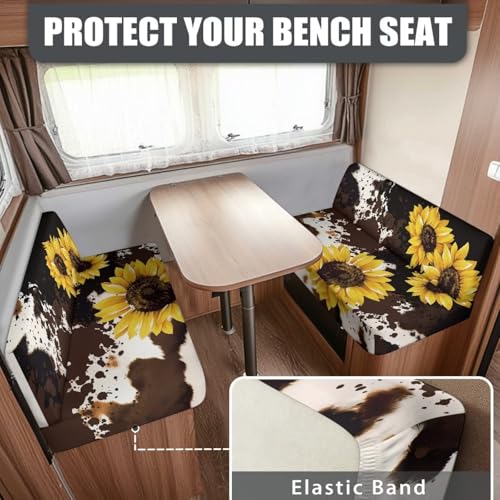 Cow Print Sunflower RV Dinette Cushion Covers 2 Pack RV Replacement Stretch Sofa Seat Slipcovers Universal Comfortable Camper Cushion Slipcover RV Accessories for Inside - color: Cow Print Sunflower