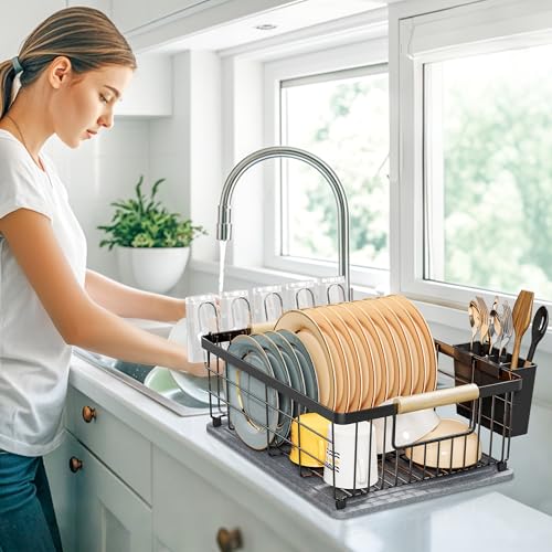 Dish Drying Rack Black with Diatomaceous Earth 1 Tier,Multifunctional Dish Racks for Kitchen Counter Quick-Drying,Large Capacity Space Saving with Cutlery Cups Holder - color: Black, size: 1 Tier