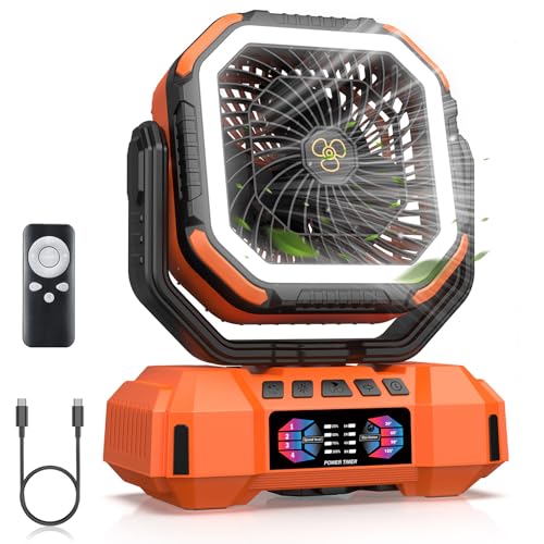Portable Camping Fan 40000mAh Battery Powered, Rechargeable Camping Fan with Remote & LED Light, 4 Speed Strong Airflow & 3 Colors Light for Desk/Outdoor/Tent/Camping/Fishing, Orange - color: Orange
