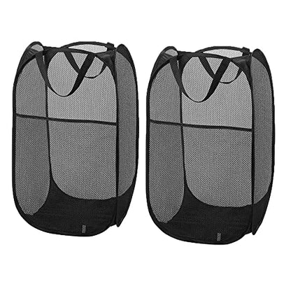 Larpur Popup Mesh Laundry Basket, Collapsible and Portable Clothes Washing Laundry Hamper with Reinforced Carry Handle (Black 2pcs) - color: 2*BLACK