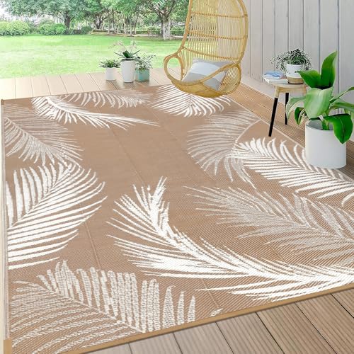 Pauwer Waterproof Outdoor Rug 6x9, Reversible Plastic Straw Patio Camping Rug, Indoor Outdoor RV Mat Carpet for Deck, Camper, Porch, Balcony, Backyard, Picnic, Leaf Brown - color: Leaf Brown, size: 6' x 9' (Rectangular)