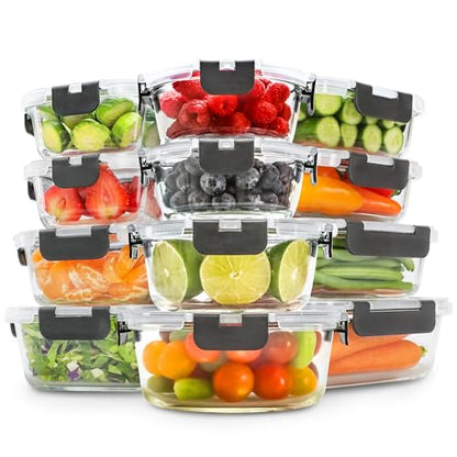 Freshware Glass Storage Containers with Lids, 24 Pieces, 12 Containers with 12 Lids, Glass Meal Prep Container for Lunch, Food Storage Containers, Leak Proof, Freezer Safe, Grey