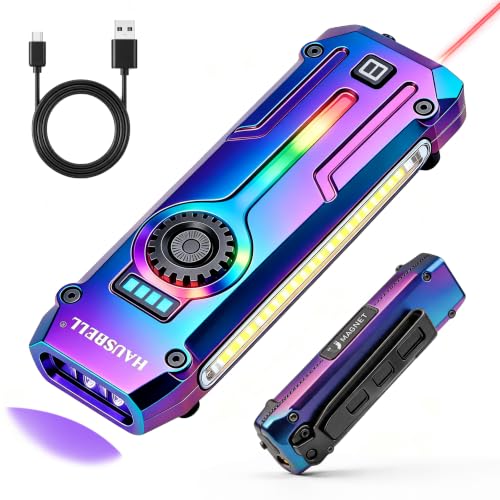 HAUSBELL Flat EDC Flashlight,1800 Lumen UV Magnetic Rechargeable Pocket | Stepless Dimming Dial,Stainless Steel Body,RGB+UV,USB-C Fast Charge,Magnetic Base,Waterproof, for Work,Camping & Emergency - color: Iridescent