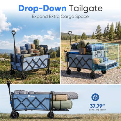 Sekey Collapsible Wagon Cart with Drop-Down Tailgate, 300 lb Capacity - color: Blue, size: 300 lbs