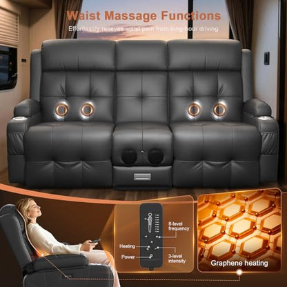 Power RV Loveseat Recliner Sofa, Reclining Loveseats Couch for RV Furniture, Home Theater Seating with Heat Massage, Flip Backrest, USB, Cup Holders, 150° Wall Hugger RV Recliners Sleeper Sofas - color: Flip Back Dary Gray, size: Loveseat-G1-Power