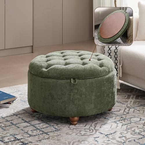 WUTUTUEE 30Inch Round Storage Ottoman with Tray, Modern Tufted Circle Coffee Table with Storage, Upholstered Ottoman with Removable Top for Living Room, Bedroom, Chenille Green - color: Chenille Green, size: 30 Inch