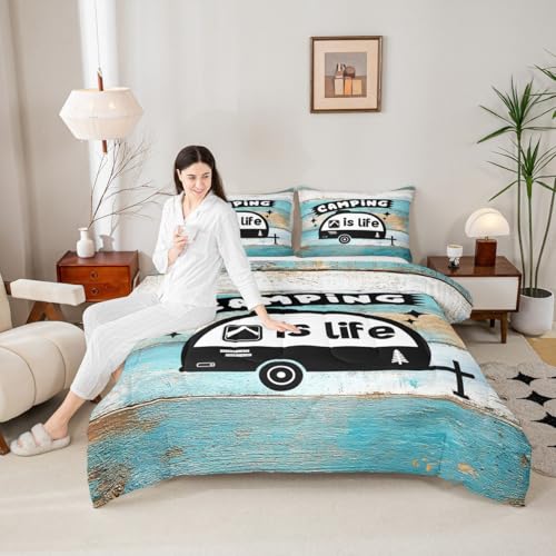 Castle Fairy Cartoon Camper Comforter Set Full Size,Cyan Rustic Farmhouse Barn Door Quilt Set 3pcs for Kids Adults Boys RV Decor,Camping Car Bedding Outdoor Traveling Down Comforter,2 Pillowcase - color: Multi 02, size: Full