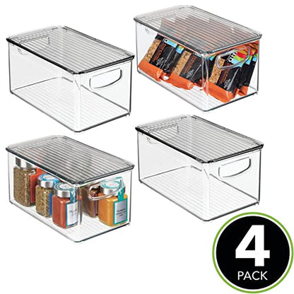 mDesign Plastic Deep Storage Bin Box Container with Lid and Built-In Handles - Organization for Fruit, Snacks, or Food in Kitchen Pantry, Cabinet, Cupboard, Ligne Collection, 4 Pack, Clear/Smoke Gray