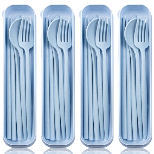 ELANE 4 Sets Reusable Travel Utensils Set with Case,Camping Cutlery Set Reusable Cutlery Set with Case,Utensil Sets for Lunch Picnic Daily Use Outdoor (lightblue) - color: lightblue