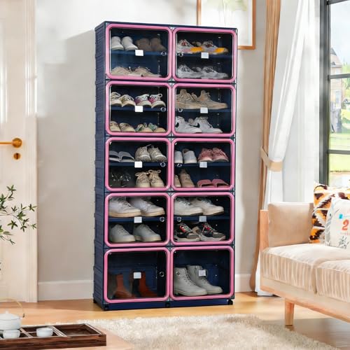 Collapsible Shoe Rack Organizer, 9 Tiers-36 Pairs Foldable Shoe Cabinet with Magnetic Clear Door, Large Plastic Folding Shoe Cabinet Blue & Pink, Easy Assembly Shoe Shelves Organizer for Entryway - size: 9 Tiers-36 Pairs Blue & Pink