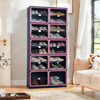 Collapsible Shoe Rack Organizer, 9 Tiers-36 Pairs Foldable Shoe Cabinet with Magnetic Clear Door, Large Plastic Folding Shoe Cabinet Blue & Pink, Easy Assembly Shoe Shelves Organizer for Entryway - size: 9 Tiers-36 Pairs Blue & Pink