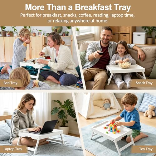 Breakfast Tray with Folding Legs Set of 2, Bamboo Bed Tray Table 15.7" Foldable TV Dinner Tray with Ergonomic Wave Handles for Bed Couch Sofa, Breakfast, Snacks, Coffee, White - color: White, size: Medium