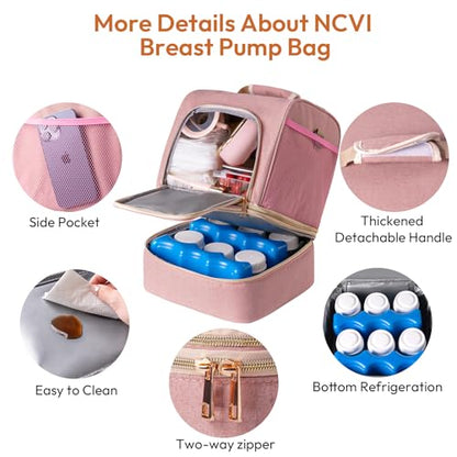 NCVI Breast Pump Bag, Double Layer Removable Pump Bag for Spectra S1, S2, Medela, Breast Pump Backpack with Ice Pack, Insulated Breast Milk Cooler Bag for Working Nursing Moms, Pink - color: Pink