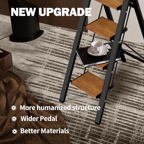 4 Step Ladder,Lightweight Folding Step Stool with Aluminum Wide Pedal& Convenient Handgrip,330lbs Capacity Steel Ladder for Household and Office(Black &Woodgrain) - color: Black&woodgrain, size: 4 Step