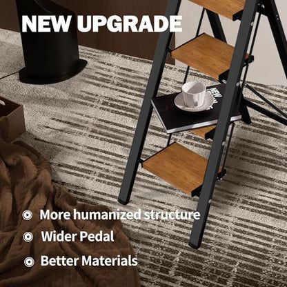 4 Step Ladder,Lightweight Folding Step Stool with Aluminum Wide Pedal& Convenient Handgrip,330lbs Capacity Steel Ladder for Household and Office(Black &Woodgrain) - color: Black&woodgrain, size: 4 Step