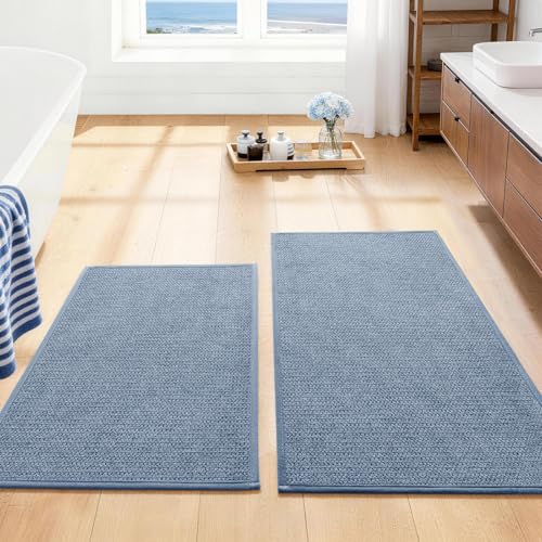 YIHOUSE Navy Blue Bathroom Rugs Sets 2 Piece, Quick Dry Thin Bath Mat, Non Slip Absorbent Machine Washable, Bath Rugs for Bathtub Sink Home Decor (17"x24" + 17"x32") - color: Navy Blue, size: 17"x24"+17"x32"