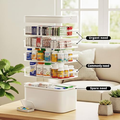 FOCHIER F 5-Tier Medicine Box Organizer Storage with Removable 6-Compartments Pill Organizer, Portable Medicine Container with Plastic Handle,First Aid Box Empty for Cabinet/Home/Travel