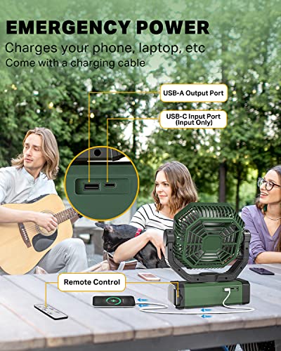 Rechargeable Auto Oscillating Fan with Remote & Timer & LED Light, 9-Inch 20000mAh Battery (70Hrs), Portable USB Fan for Camping, Travel, Worksite & Strong Hurricanes - color: Green